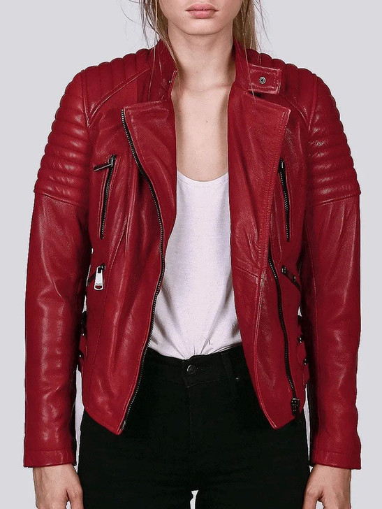 Ella Red Biker Women's Leather Jacket - Enfinity Apparel