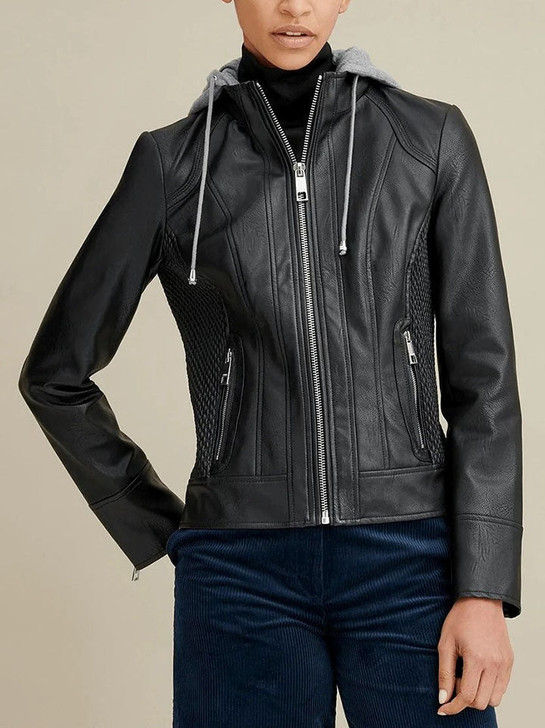 Detachable Black Women's Hooded Leather Jacket - Enfinity Apparel