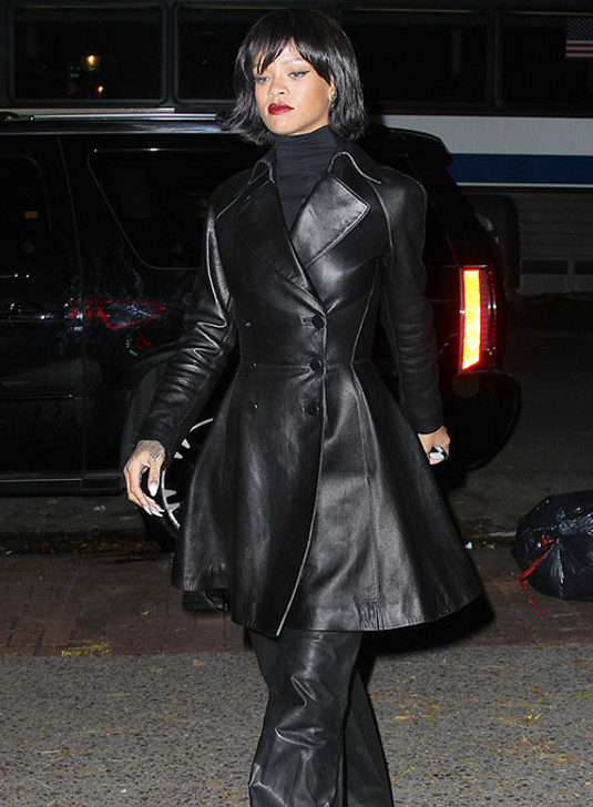 Rihanna Black Leather Trench Coat - Enfinity Apparel
