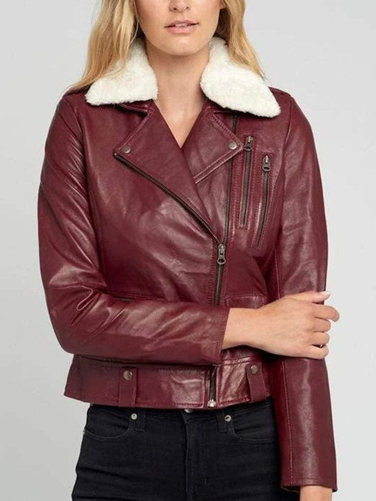 Fur Collar Bugundy Women's Leather Aviator Jacket - Enfinity Apparel