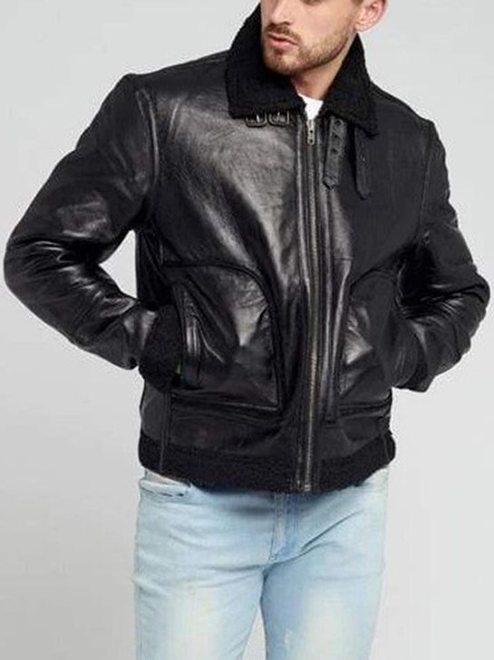 Harrison Fur Collar Black Men's Leather Aviator Jacket - Enfinity Apparel