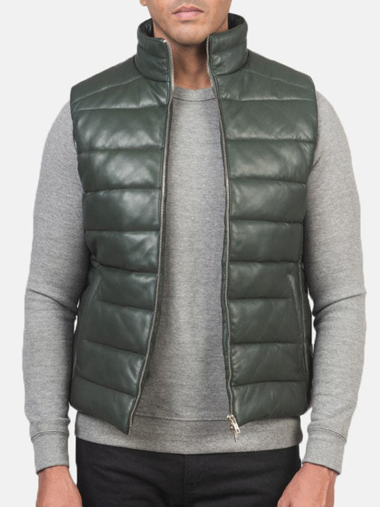 Reeves Green Men's Leather Puffer Vest - Enfinity Apparel