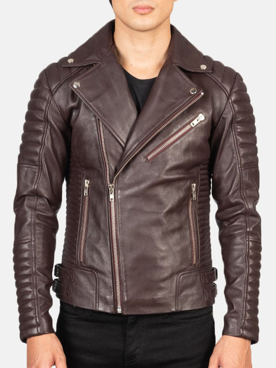 Armand Maroon Men's Leather Biker Jacket - Enfinity Apparel