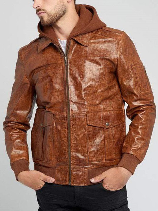 Aviator Brown Men's Hooded Leather Jacket - Enfinity Apparel