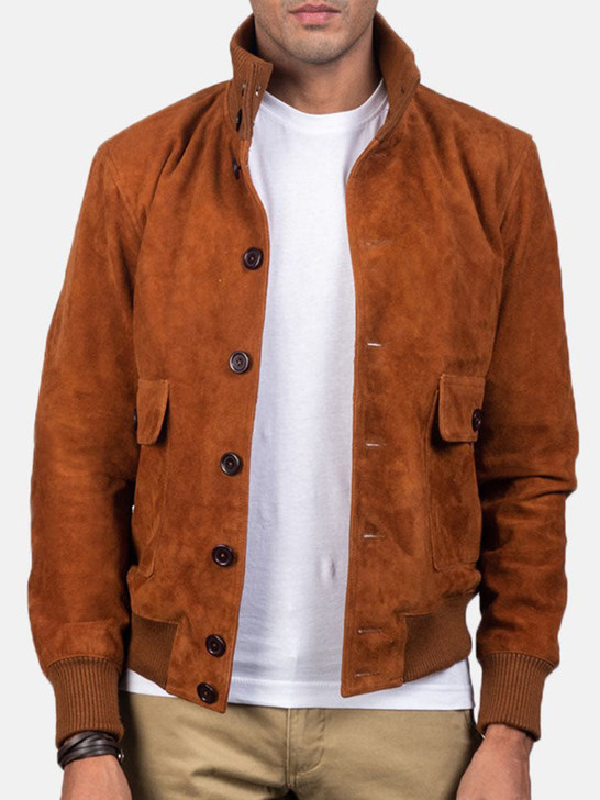 Eaton Brown Men's Suede Bomber Leather Jacket - Enfinity Apparel
