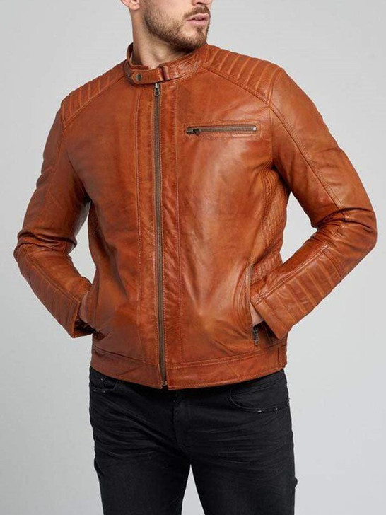 Cognac Quilted Men's Leather Jacket - Enfinity Apparel