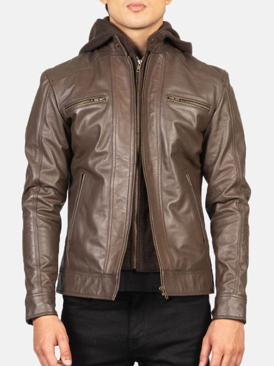 Hector Brown Men's Hooded Leather Biker Jacket - Enfinity Apparel