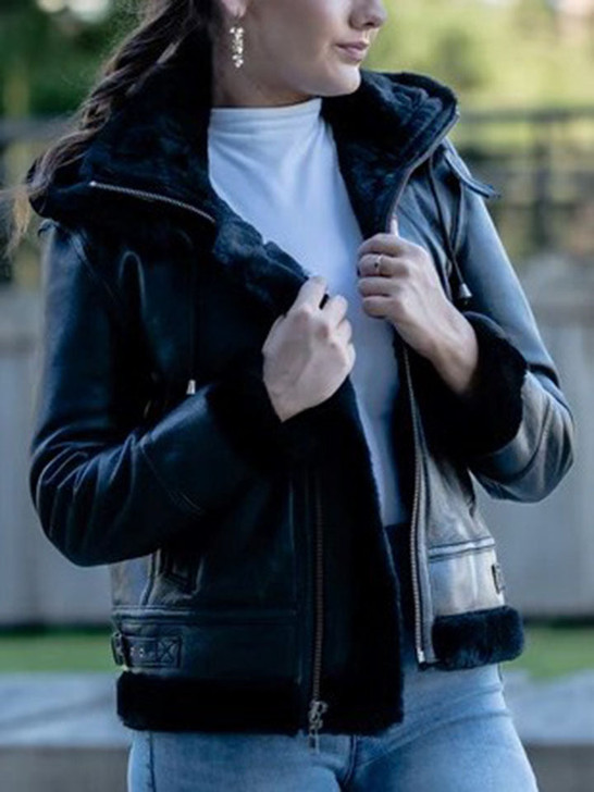 Zandy Black Hooded Women's Sheepskin Aviator Leather Jacket - Enfinity Apparel