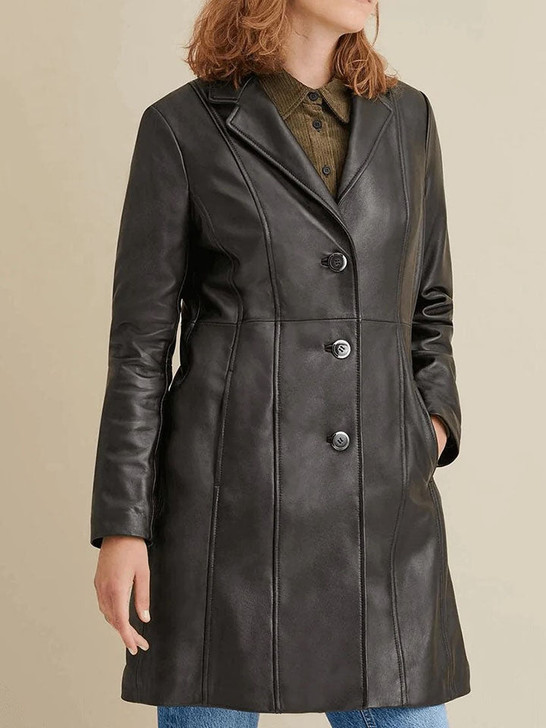 Button Down Notch Collar Black Women's Leather Jacket - Enfinity Apparel