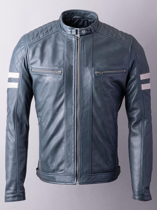 Charlie Men's Biker Leather Racer Jacket In Navy With White Stripe - Enfinity Apparel