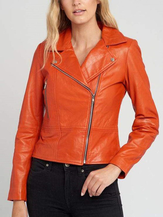 Casual Orange Women's Leather Jacket - Enfinity Apparel