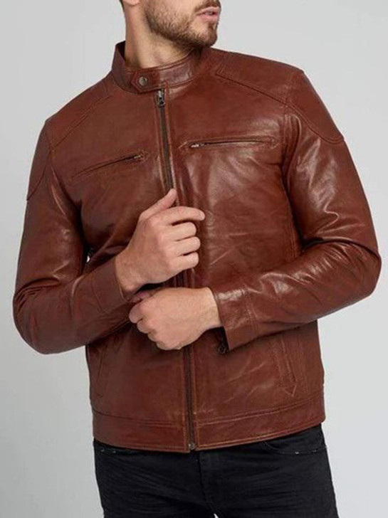 Cognac Tab Collar Men's Leather Jacket - Enfinity Apparel