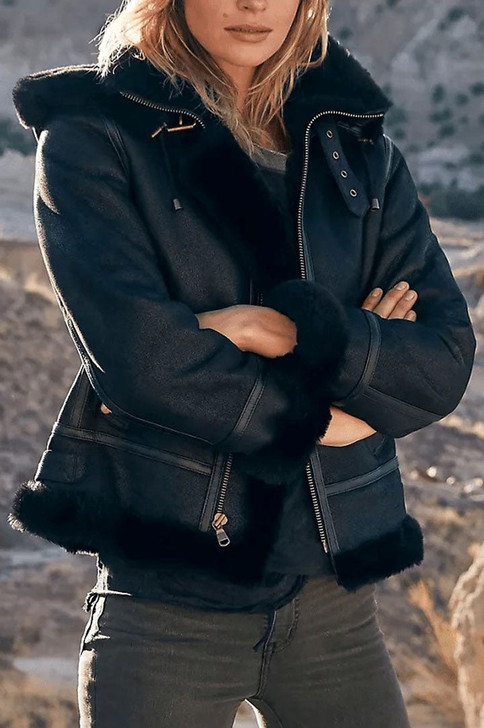 Amy Black Women's Shearling Leather Aviator Fur Jacket - Enfinity Apparel