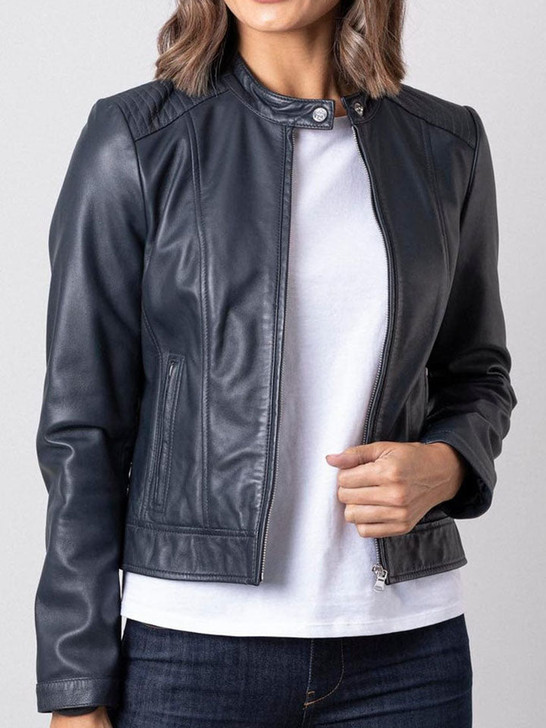 Thea Women's Biker Leather Jacket In French Navy - Enfinity Apparel