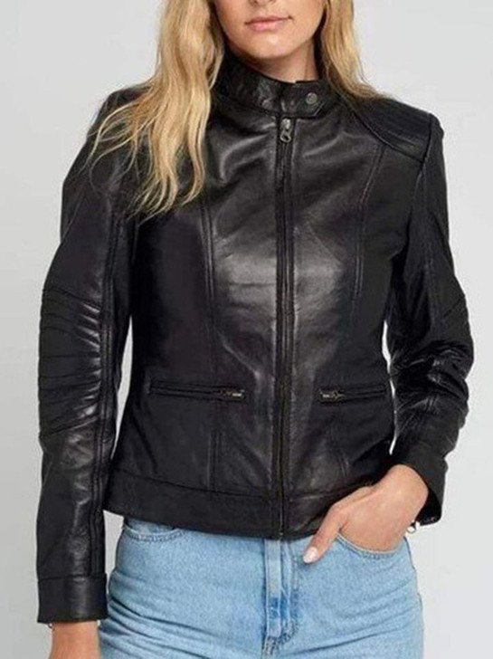 Kathleen Black Women's Quilted Shoulder Leather Jacket - Enfinity Apparel
