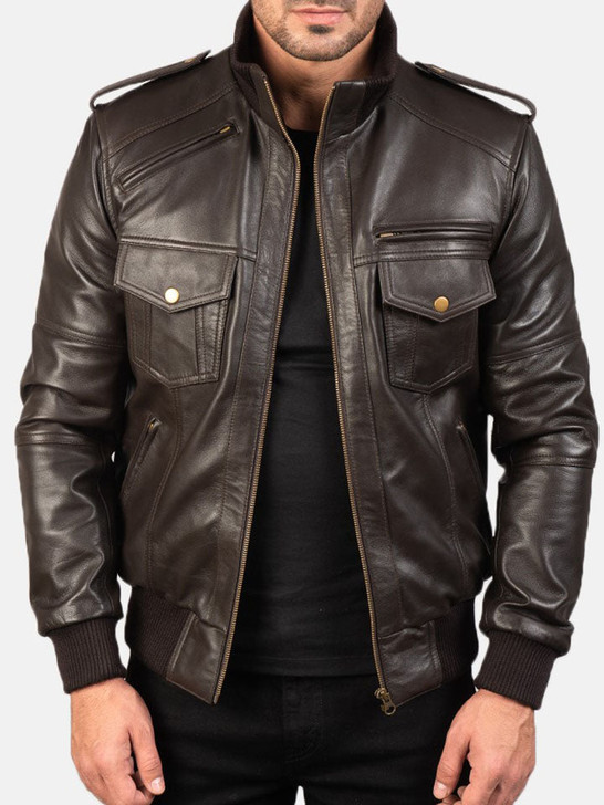 Agent Shadow Brown Men's Leather Bomber Jacket - Enfinity Apparel