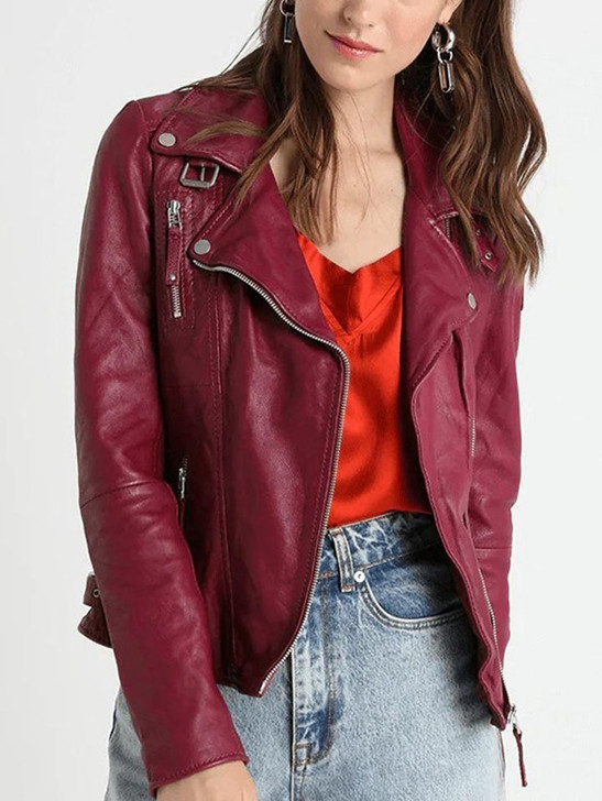 Cathy Maroon Women's Leather Jacket - Enfinity Apparel