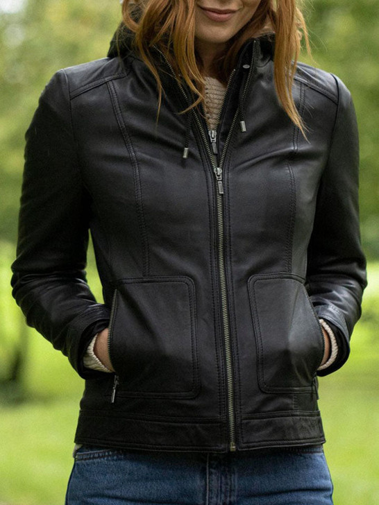 Abbeytown Women's Hooded Fur Leather Jacket In Black - Enfinity Apparel