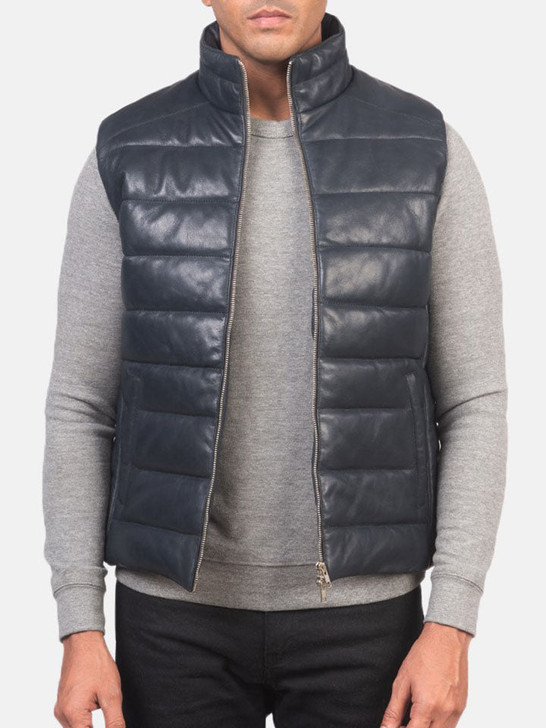 Reeves Blue Men's Leather Puffer Vest - Enfinity Apparel