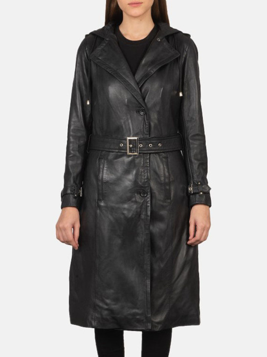 Fixon Women's Hooded Black Trench Leather Coat - Enfinity Apparel