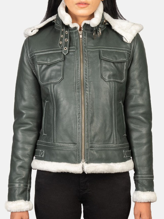 Fiona Green Hooded Women's Shearling Fur Leather Jacket - Enfinity Apparel