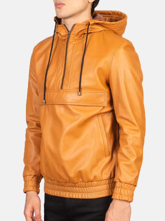 Kenton Men's Hooded Brown Leather Pullover Jacket - Enfinity Apparel