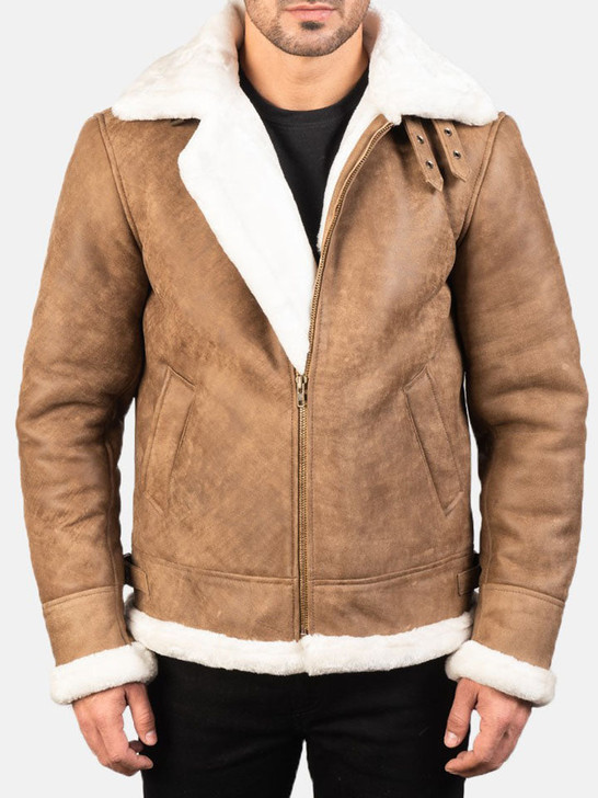 Francis B-3 Distressed Brown Men's Fur Leather Bomber Jacket - Enfinity Apparel