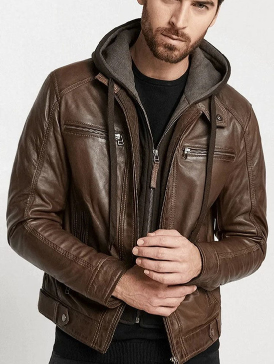 Men's Hooded Brown Leather Jacket - Enfinity Apparel