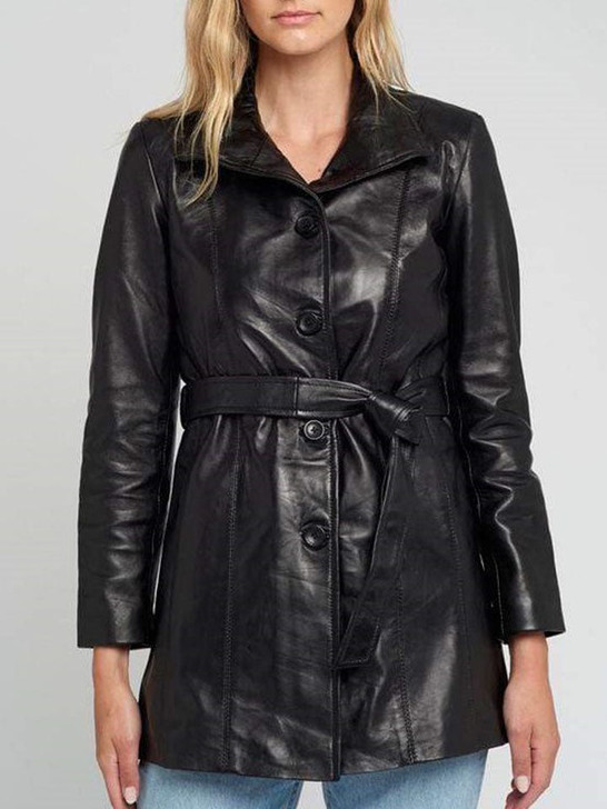 Belted Black Women's Leather Coat Jacket - Enfinity Apparel