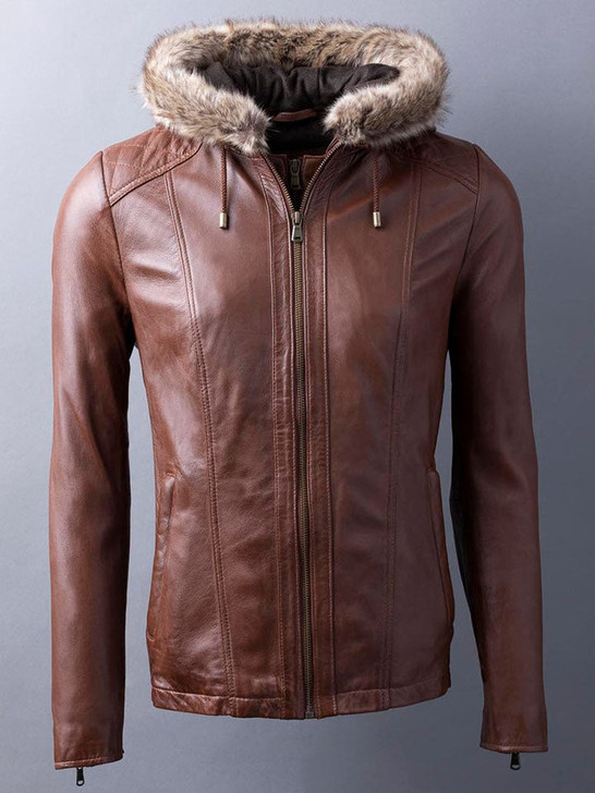 Applethwaite Women's Hooded Fur Leather Jacket In Cognac - Enfinity Apparel