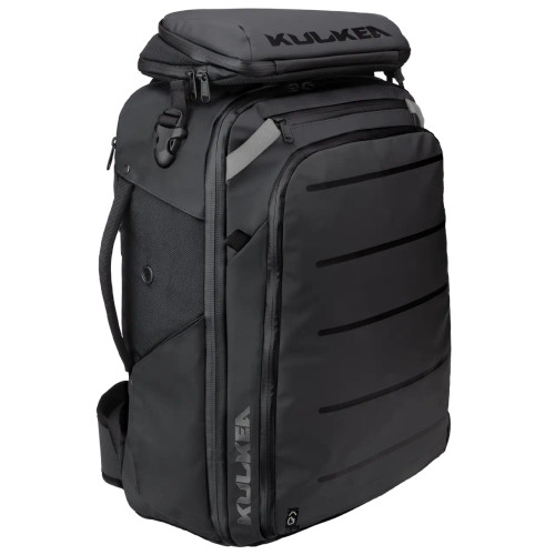 Kulkea Kayda Travel Backpack in Black/Silver, Front Angle Right View