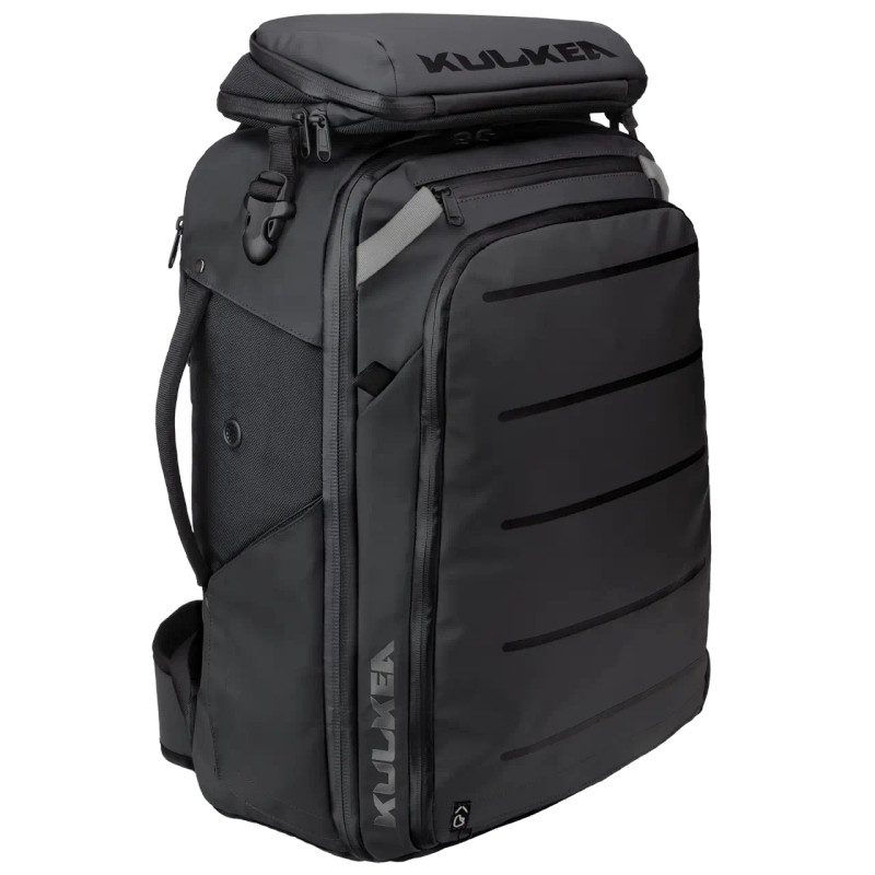 Kulkea Kayda Travel Backpack in Black/Silver, Front Angle Right View