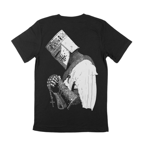 A crusader knight praying for the forgiveness of his sins before going on a crusade. This is the back of a shirt.