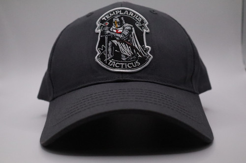 Gray Templarius Haticus crusader hat front view with detailed embroidered kneeling knight patch