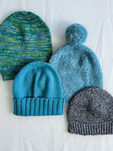 Examples of Alison's Basic Hat Recipe, knit in (clockwise from top left): Carousel, Gimlet, Hearthside, and Merino 401