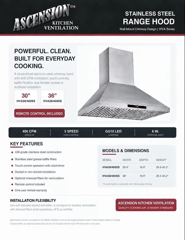 Ascension 36” 400 CFM Stainless Steel Range Hood