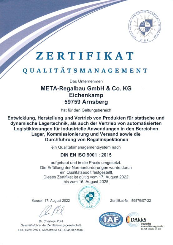 Zertifikat über das Qualitaetsmanagement bei META-Regalbau