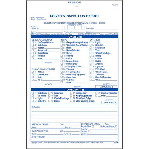 Detailed Driver's Vehicle Inspection Report, 2-Ply, Carbonless, w/Blue Ink - Stock