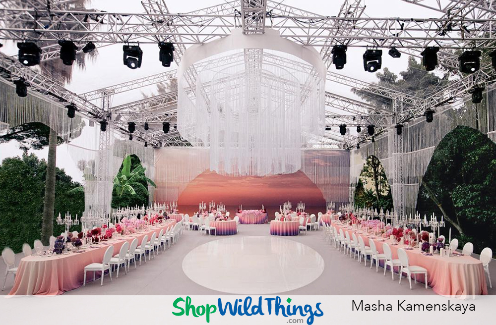 Aerial Awesomeness:  Chandeliers & Beaded Backdrops & Hanging Florals