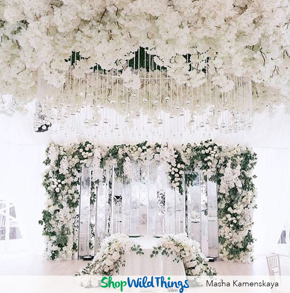 Aerial Awesomeness:  Chandeliers & Beaded Backdrops & Hanging Florals