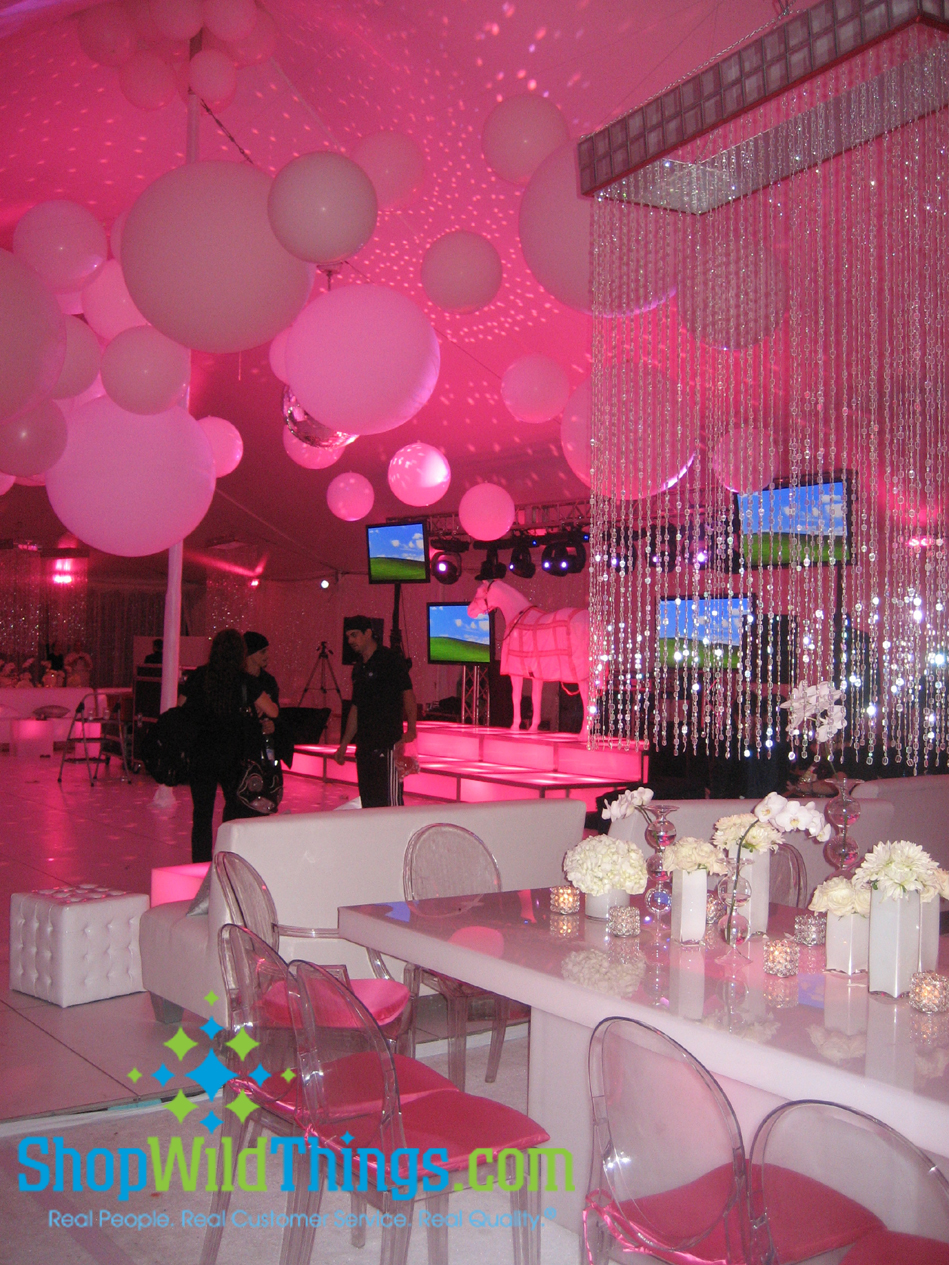 Pink Perfection Party - Emeralds Beaded Curtains & White Stools