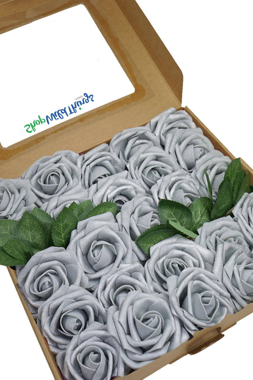Faux Foam Roses – 25Pc Set of Silver Roses on Stem