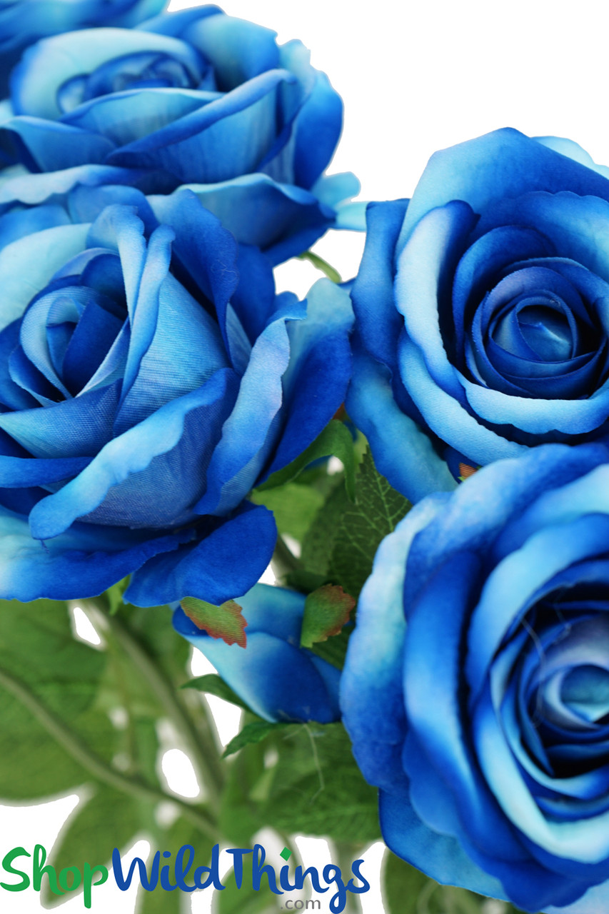 Blue Sprayed Roses Blue-Light Blue Artificial Velvet Long Stem 2 Head Rose Spray Flower