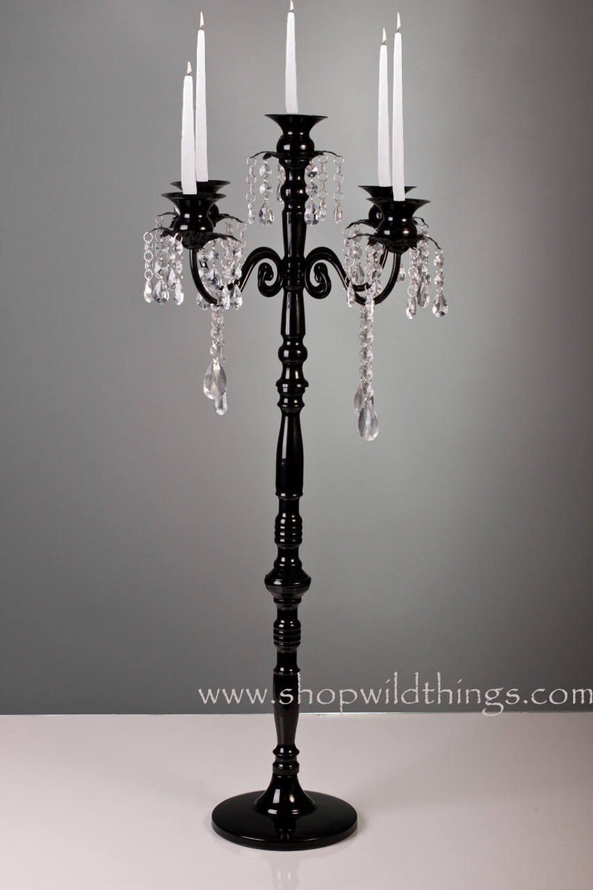 Tall Black Candelabra with Hanging Crystal Beads 