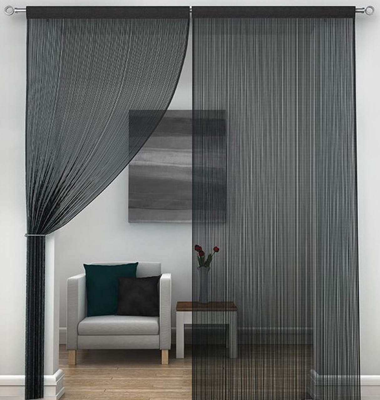 String Curtain Black 3 ft x 8 ft - Polyester & Cotton Nassau (trimmable  length!)