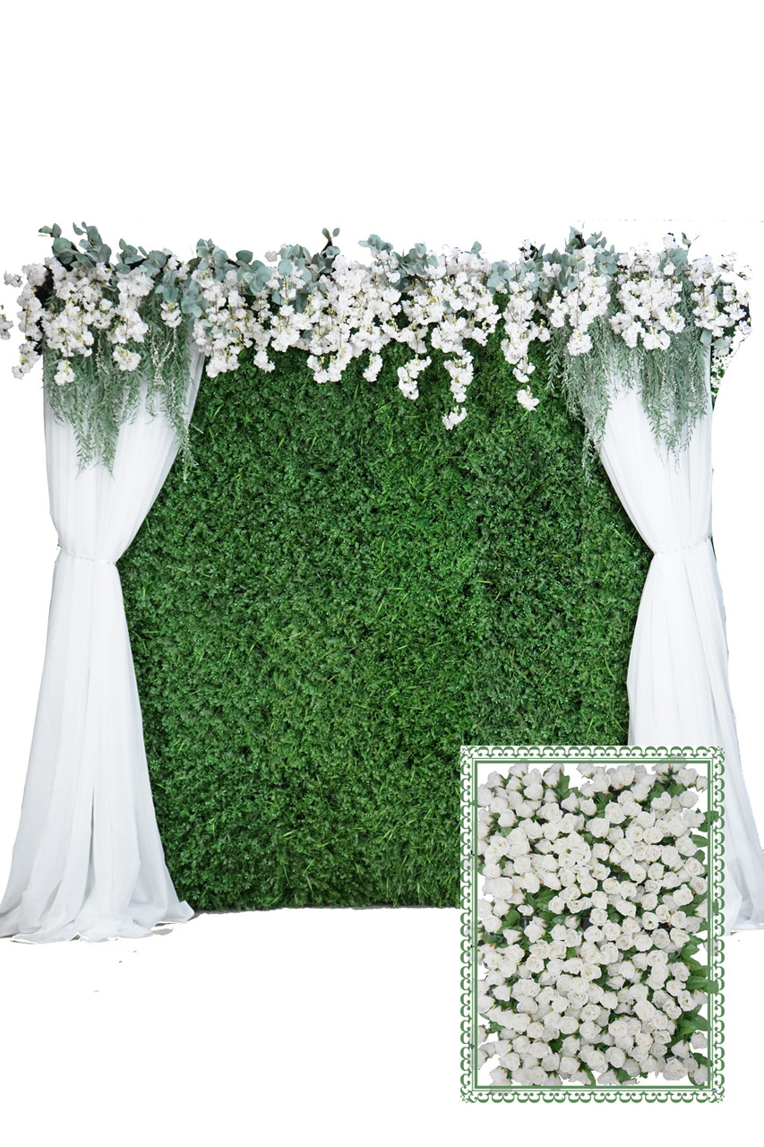 WHITE IVORY ROSES WITH GREENERY FLOWER WALL, FLOWER WALL