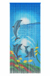 “Dolphin Family” hand-painted bamboo curtain with colorful ocean scene and three dolphins on white background, 35.5" wide x 78" long, ShopWildThings.com