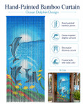 “Dolphin Family” hand-painted bamboo curtain with colorful ocean scene and three dolphins on white background, 35.5" wide x 78" long, ShopWildThings.com