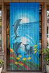 “Dolphin Family” hand-painted bamboo curtain with colorful ocean scene and three dolphins on white background, 35.5" wide x 78" long, ShopWildThings.com