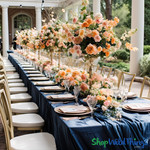 Navy Blue and Peach Wedding Tablescape with Blush and Peach Roess

Dark blue table cloth and table runner with blush, peach, ang greenery florals. High Floral Arrangements on an estate table at a spring wedding outdoors. 

Outdoor Spring Wedding Decor Ideas by ShopWildThings.com